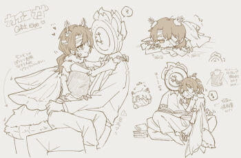  1boy 1other ? absurdres alternate_costume antennae arrow_(symbol) arthropod_boy arthropod_limbs backless_outfit backless_shirt bandage_on_face bandage_over_one_eye bandaged_head bandages bare_shoulders barefoot beard_stubble book boots borrowed_clothes brown_eyes brown_hair bug chibi chibi_inset claws clock closed_eyes clothes_around_waist clothes_grab clothes_pull coat collared_halterneck collared_shirt dante_(limbus_company) dress_shirt e.g.o_(project_moon) expressionless extra_arms extra_eyes extra_wings facial_hair fire flying_sweatdrops formal_clothes four_wings full_body fur-trimmed_collar fur_trim g_corp._(identity)_(project_moon) gregor_(project_moon) greyscale hair_intakes half-closed_eyes halterneck heart highres holding hug indian_style insect_wings jacket jacket_around_waist jitome lily26983455 limbus_company limited_palette long_hair long_sleeves looking_at_another looking_at_viewer looking_down looking_to_the_side looking_up low_ponytail lying lying_on_person male_focus monochrome monster_boy moth_boy motion_lines multiple_boys multiple_views multiple_wings necktie notice_lines object_head official_alternate_costume one_eye_closed one_eye_covered open_book pants parted_bangs partially_colored photoshop_(medium) ponytail project_moon reading sanpaku shirt shirt_pull sign simple_background sitting sitting_on_lap sitting_on_person size_difference sleeping sleeping_on_person sleepy sleeveless sleeveless_shirt speech_bubble spoken_question_mark stubble suit sweatdrop tail upper_body variations white_background wings zzz 