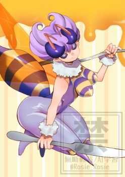  1girl abdomen_tail antennae arthropod_girl bee_girl breasts butter_knife closed_mouth commentary darkstalkers fork full_body holding holding_fork holding_knife holding_utensil honey insect_girl knife large_breasts looking_at_viewer nipples pantyhose purple_hair purple_pantyhose q-bee rosie_rosie smile solo thick_thighs thighs watermark yellow_background 