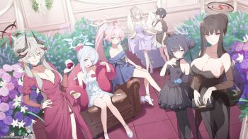  6+girls alternate_costume alternate_hairstyle angel_wings anklet bag ballroom bare_shoulders black_hair black_halo black_pantyhose blue_archive blue_eyes breast_envy breasts bright_pupils chair cherino_(blue_archive) cherino_(dress)_(blue_archive) choker cleavage closed_eyes closed_mouth cocktail_dress cup curved_horns demon_horns double_bun dress drinking_glass fake_facial_hair fake_mustache feathered_wings flower food gradient_halo gradient_horns grey_halo grin hair_bun hair_flower hair_ornament halo halterneck heterochromia high_heels highres holding holding_bag holding_spoon horns hoshino_(blue_archive) hoshino_(dress)_(blue_archive) jewelry kisaki_(blue_archive) kisaki_(dress)_(blue_archive) large_breasts long_hair looking_at_viewer lounge_chair makoto_(blue_archive) makoto_(red_dress)_(blue_archive) multicolored_halo multicolored_horns multiple_girls multiple_horns nagisa_(blue_archive) nagisa_(dress)_(blue_archive) necklace niya_(blue_archive) niya_(dress)_(blue_archive) official_art pantyhose pink_halo ponytail pudding red_eyes rio_(blue_archive) rio_(dress)_(blue_archive) rose single_bare_foot sitting skirt_hold small_breasts smile spoon standing thigh_strap two-tone_halo white_pupils white_wings wine_glass wings yellow_eyes 