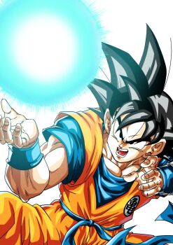  1boy blue_sash blue_shirt dougi dragon_ball dragonball_z energy_ball greyscale gvdygdu highres medium_hair monochrome muscular orange_pants orange_shirt pants sash shirt simple_background solo son_goku spiked_hair white_background 