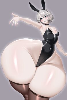 1girl 2b_(nier:automata) armpits bare_shoulders blue_eyes blush breasts choker curvy female_focus grey_hair leotard looking_at_viewer nier:automata nier_(series) rabbit_ears short_hair skindentation small_breasts solo thethighmessiah thick_thighs thighhighs thighs wide_hips