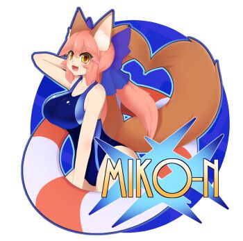 10s 1girl animal_ears blush breasts cleavage collarbone fangs fate/extra fate/grand_order fate_(series) female_focus fox_ears fox_tail hair_ribbon hand_in_own_hair heart highres kulettula large_breasts looking_at_viewer multiple_tails open_mouth pink_hair posterized ribbon solo swimsuit tail tamamo_no_mae_(fate) yellow_eyes