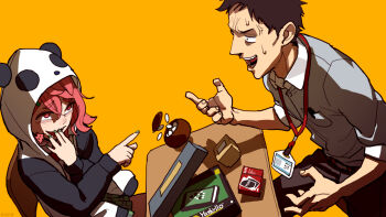  1boy 1girl anger_vein angry animal_hood bags_under_eyes black_hair black_hoodie board_game brand_name_imitation chair commentary_request constricted_pupils furrowed_brow green_nails green_skirt hand_to_own_mouth highres hood hood_up hoodie id_card isle118 lanyard looking_at_another nijisanji on_chair open_mouth orange_background panda_hood pink_eyes pink_hair pointing pointing_at_another raised_eyebrows reversi salaryman sasaki_saku sasaki_saku_(1st_costume) short_hair simple_background sitting skirt sleeves_rolled_up smile standing sweat table table_flip teasing two-tone_hoodie uno_(game) virtual_youtuber white_hoodie yashiro_kizuku 