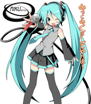 1girl aqua_hair aqua_necktie black_thighhighs blouse character_name collared_shirt female_focus foreshortening frilled_shirt frills grey_shirt hair_between_eyes hatsune_miku kantoku long_hair microphone necktie shirt sleeveless sleeveless_shirt solo thighhighs twintails very_long_hair vocaloid white_background zettai_ryouiki rating:Sensitive score:2 user:danbooru
