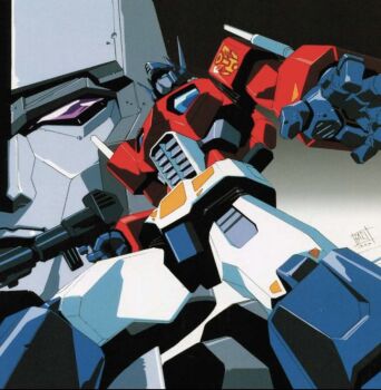  2boys blue_eyes expressionless gun hasbro mask megatron multiple_boys no_humans optimus_prime red_eyes robot standing transformers transformers:_generation_1 weapon 