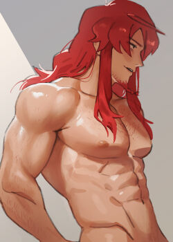  1boy abs arm_hair bara braid braided_beard broad_shoulders chest_hair collarbone commentary_request etrian_odyssey facial_hair goatee grey_background groin highres implied_nudity large_pectorals long_hair long_sidelocks male_focus muscular muscular_male mya-zawa navel nipples parted_lips pectorals pirate_(sekaiju) pirate_1_(sekaiju) red_hair sekaiju_no_meikyuu sekaiju_no_meikyuu_3 sidelocks solo two-tone_background upper_body v-taper white_background 