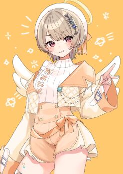  1girl absurdres blonde_hair blush commentary_request cropped_jacket facial_mark gomadan hair_ornament halo hat highres jacket komori_met komori_met_(7th_costume) looking_at_viewer notice_lines open_clothes open_jacket orange_background pink_eyes shirt solo star_(symbol) v virtual_youtuber vspo! white_hat white_shirt wings 