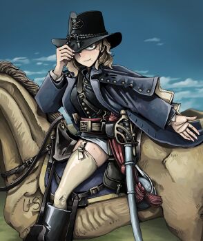  1girl absurdres animal blonde_hair blue_eyes blue_sky cisco closed_mouth cloud cloudy_sky dances_with_wolves female_focus genderswap genderswap_(mtf) grass highres horse horseback_riding john_dunbar liskim looking_at_viewer military_uniform riding sky sword weapon  rating:Sensitive score:1 user:TexanRevolver