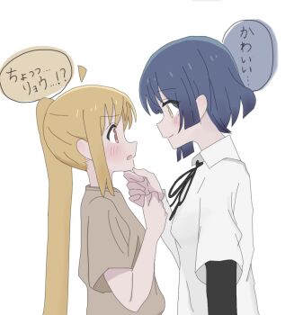  2girls ahoge blonde_hair blue_hair blush bocchi_the_rock! brown_shirt collared_shirt commentary eye_contact green_eyes hand_on_another's_chin highres ijichi_nijika layered_sleeves long_hair long_sleeves looking_at_another mole mole_under_eye multiple_girls pokarin0416 profile red_eyes school_uniform shimokitazawa_high_school_uniform shirt short_hair short_over_long_sleeves short_sleeves side_ponytail simple_background smile speech_bubble translated white_background white_shirt yamada_ryo yuri 