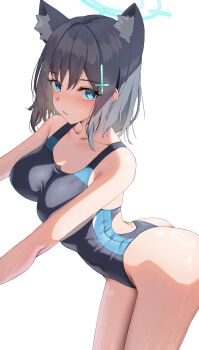 1girl absurdres animal_ear_fluff animal_ears ass bare_arms bare_shoulders blue_archive blue_eyes blush breasts collarbone competition_swimsuit cowboy_shot cross_hair_ornament grey_hair hair_ornament halo highleg highleg_one-piece_swimsuit highres katagiri_nanoka leaning_forward looking_at_viewer medium_breasts official_alternate_costume one-piece_swimsuit shiroko_(blue_archive) shiroko_(swimsuit)_(blue_archive) simple_background solo swimsuit thong two-tone_swimsuit white_background rating:Sensitive score:22 user:danbooru