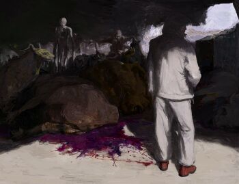  1boy blood corpse cursed_spirit_(jujutsu_kaisen) from_behind full_body hashtag-only_commentary highres hood hood_up hoodie horns itadori_yuuji jujutsu_kaisen jujutsu_kaisen_modulo lovefromblood male_focus monster multiple_heads pants red_shoes shoes solo_focus standing surrounded white_hoodie white_pants 