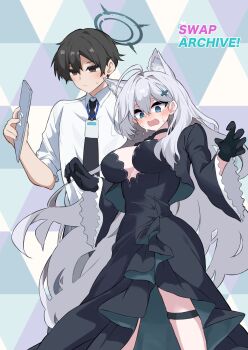  1boy 1girl absurdres ahoge animal_ear_fluff animal_ears black_choker black_dress black_gloves black_hair black_halo black_necktie blue_archive blue_eyes blush body_switch breasts breasts_apart bright_pupils broken_halo brown_eyes choker closed_mouth collared_shirt downturned_eyes dress dress_shirt embarrassed english_text extra_ears feet_out_of_frame floating_hair frilled_sleeves frills frown furrowed_brow gloves grey_hair hair_behind_ear hair_intakes halo hands_up highres huge_ahoge id_card kakeyu_ba large_breasts long_dress long_hair long_sleeves looking_down mismatched_pupils necktie nose_blush open_mouth personality_switch sensei_(blue_archive) shiroko_terror_(blue_archive) shirt short_hair simple_background sleeves_rolled_up standing sweatdrop thigh_strap third-party_source very_long_hair wavy_mouth white_pupils white_shirt wide_sleeves wolf_ears wolf_girl 