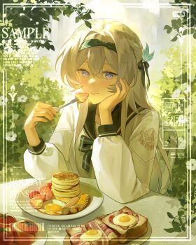  absurdres bacon black_hairband black_ribbon black_sailor_collar blush branch bread bread_slice chippi_85 closed_mouth collared_shirt commentary eating english_commentary firefly_(honkai:_star_rail) firefly_(spring_missive)_(honkai:_star_rail) food fork fried_egg fruit gradient_hair green_pupils grey_hair hair_between_eyes hair_intakes hair_ornament hair_ribbon hairband highres holding holding_fork honkai:_star_rail honkai_(series) leaf long_hair multicolored_eyes multicolored_hair pancake pancake_stack ribbon sailor_collar shirt smile strawberry tomato white_shirt 