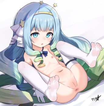 1girl anus blue_eyes blue_hair blush boppin breasts cleft_of_venus curly_ends curly_sidelocks dot_nose flat_chest from_above from_side full_body gloves hair_ornament hair_ribbon hairband highres jelly_hoshiumi loli long_hair looking_at_viewer lying nipples no_shoes nude on_back on_bed open_mouth phase_connect pussy ribbon signature small_breasts socks soles solo star_(symbol) star_hair_ornament toes uncensored virtual_youtuber white_background
