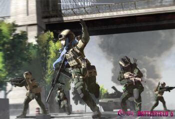  5girls absurdres aiming alternate_costume ammunition_pouch arm_up assault_rifle ave_mujica_(bang_dream!) bang_dream! bang_dream!_it's_mygo!!!!! battle battle_rifle battlefield_(series) battlefield_6 black_gloves blonde_hair boots bridge brooklyn_bridge brown_hair bulletproof_vest cable-stayed_bridge camouflage camouflage_jacket camouflage_pants caterpillar_tracks combat_boots combat_helmet commentary copyright_name crossover day ear_protection english_commentary full_body galil_ace gas_mask gloves glowing glowing_eyes goggles goggles_on_head green_eyes grey_eyes grey_mask grey_sky gun h&amp;k_hk417 headset helmet highres holding holding_gun holding_weapon jacket knee_pads laser_sight leopard_2 light_machine_gun load_bearing_vest logo long_hair long_sleeves looking_to_the_side m4_carbine machine_gun magazine_(weapon) mask medium_hair military_combat_uniform military_uniform military_vehicle misumi_uika motion_blur motor_vehicle multiple_girls new_york_city night_vision_device open_mouth optical_sight outdoors pants pouch purple_eyes purple_hair real_world_location rifle road running sci_(31134306) scope serious sidelocks sky smoke standing street suppressor suspension_bridge tactical_clothes tank tank_turret teeth thigh_pouch togawa_sakiko traffic_cone tree trigger_discipline ultimax_100 unit_patch united_states vertical_foregrip wakaba_mutsumi walkie-talkie weapon yahata_umiri yuutenji_nyamu 