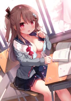 1girl :d ai_ai_gasa blue_bra blue_sailor_collar blue_skirt blush book bra breasts brown_hair cardigan chair cleavage collarbone commentary_request desk ezoshika female_focus grey_cardigan hair_between_eyes highres holding holding_pencil indoors long_hair long_sleeves mechanical_pencil medium_breasts one_side_up open_book open_bra open_cardigan open_clothes open_mouth open_shirt original pencil petals pleated_skirt red_eyes sailor_collar school_chair school_desk shirt sitting skirt sleeves_past_wrists smile solo underwear white_shirt rating:Questionable score:40 user:danbooru