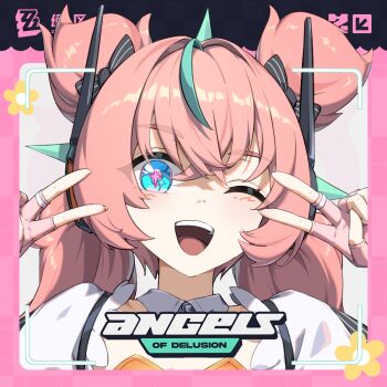  1girl aqua_streaks aria_(zenless_zone_zero) blue_eyes chinese_commentary commentary_request crossed_bangs double_v fingerless_gloves gloves hair_between_eyes hair_intakes looking_at_viewer mechanical_ears multicolored_hair one_eye_closed pink_gloves pink_hair portrait smile solo sparkling_eyes streaked_hair v v_over_eye yan000 zenless_zone_zero 