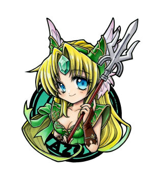  1girl absurdres blonde_hair blue_eyes breasts cleavage commentary_request forehead_jewel helmet highres hori_wo long_hair looking_at_viewer marker_(medium) riesz seiken_densetsu seiken_densetsu_3 smile solo traditional_media upper_body winged_helmet 