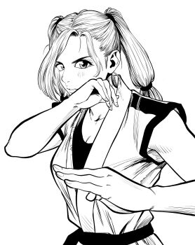  1girl belt breasts cleavage collarbone commentary_request dougi eyelashes fighting_stance hair_tie highres large_breasts lee_(dragon_garou) lips monochrome original parted_lips solo twintails upper_body 