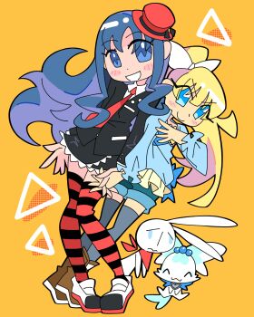  absurdres blonde_hair blue_eyes blue_hair blue_shirt boots bourbunbun bow coffret_(heartcatch_precure!) commentary dress english_commentary formal_clothes hat heartcatch_precure! highres kurumi_erika mesousa necktie orange_background pani_poni_dash! precure rebecca_miyamoto red_hat shirt shorts socks striped_clothes striped_socks suit 