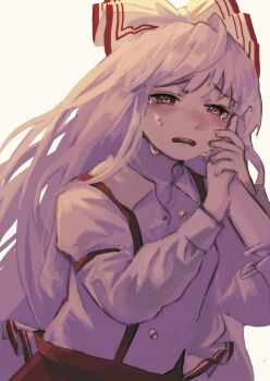  2girls bow brown_eyes buttons collared_shirt commentary_request crying crying_with_eyes_open frown fujiwara_no_mokou hair_bow hand_on_another's_cheek hand_on_another's_face highres holding_hands kamishirasawa_keine long_hair long_sleeves multiple_girls mushiao narrowed_eyes open_mouth out_of_frame ribbon shirt simple_background suspenders teardrop tearing_up tears touhou upper_body very_long_hair white_background white_bow white_hair white_ribbon white_shirt 