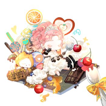  1girl :d animal apple apple_slice bare_shoulders barefoot batter bead_bracelet beads black_bow black_eyes black_gloves blunt_bangs blush_stickers bow bowtie bracelet bubble_skirt candy cat cherry chibi chinese_commentary chocolate choker cloak closed_mouth clothed_animal commentary_request dress ear_covers earrings flower_earrings food food_on_face frilled_choker frills fruit gloves heart highres holding holding_whisk hood hood_up hooded_cloak ice_cream_cone interruption_(echo-023) jewelry lollipop looking_at_viewer medium_dress medium_hair momo_(nikki) nikki_(nikki) nikki_(series) no_mouth one_eye_closed open_mouth orange_(fruit) orange_slice parted_bangs pink_hair ponytail procreate_(medium) red_bow red_bowtie shining_nikki signature silky_sweet_dream_(shining_nikki) simple_background sitting skirt smile solid_oval_eyes solo sparkle speech_bubble spoken_heart spoon strapless strapless_dress strawberry strawberry_slice striped_bow swirl_lollipop syrup tiara tongue tongue_out waffle_cone waist_bow wavy_hair whipped_cream whisk white_background white_cat white_choker white_dress wiping_face yellow_bow yellow_cloak 