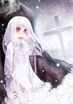  1boy 1girl abyss_(sound_horizon) blush book commentary_request cowboy_shot cross dress el_(sound_horizon) elysion eye_mask flower frilled_dress frills holding holding_book holding_flower long_hair long_sleeves looking_at_viewer mask misaki_(kyal_001) parted_lips red_eyes snowing sound_horizon white_dress white_flower white_hair 