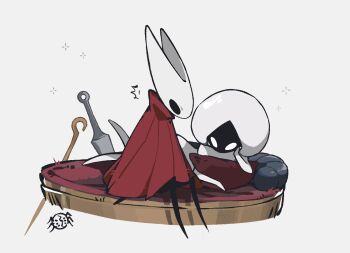  2girls arthropod_girl bed black_eyes black_skin blank_eyes bodysuit cloak colored_skin full_body hashtag-only_commentary hat hollow_eyes hollow_knight hollow_knight:_silksong horned_mask hornet_(hollow_knight) horns lace_(hollow_knight) looking_at_another lying mask mechanical_owl multiple_girls needle_(hollow_knight) on_stomach pillow pin_(hollow_knight) red_cloak sitting white_eyes white_hat white_mask 