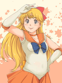  1990s_(style) 1girl aino_minako armpits bishoujo_senshi_sailor_moon blonde_hair blue_eyes bow breasts choker cleavage collarbone earrings elbow_gloves elk115 female_focus gloves hair_bow jewelry long_hair magical_girl orange_background orange_skirt plump red_bow retro_artstyle sailor_venus skirt small_breasts smile solo star_(symbol) star_symbol_background tiara v white_gloves  rating:Sensitive score:30 user:danbooru