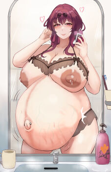  13otsu 1girl absurdres bathroom big_belly blush bow bow_bra bra breasts cellphone cleavage closed_mouth collarbone cowboy_shot cup cupless_bra dark_nipples eyewear_on_head fetal_movement hair_over_shoulder heart highres honkai:_star_rail honkai_(series) huge_breasts kafka_(honkai:_star_rail) lactation large_areolae large_nipples long_hair looking_at_viewer mirror mirror_selfie motion_lines navel_piercing nipples outie_navel phone piercing pregnant purple_eyes purple_hair selfie shiny_skin sidelocks sink smartphone smile soap_dispenser solo standing stretch_marks sweat toothbrush underwear veiny_stomach 