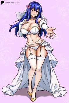  1girl blue_eyes blue_hair breasts bridal_lingerie caeda_(fire_emblem) cleavage fire_emblem fire_emblem_warriors hayato_stuff high_heels intelligent_systems lingerie medium_breasts nintendo thighhighs  rating:Sensitive score:11 user:calum1998