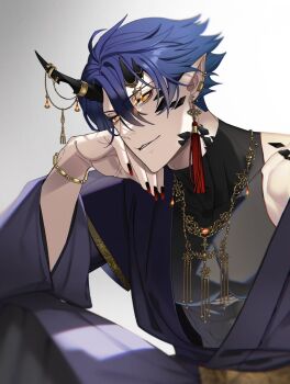  1boy abs alternate_costume ark1478 arknights bishounen black_nails blue_hair bracelet commentary_request demon_boy demon_horns earrings fingernails flamebringer_(arknights) highres horn_ornament horn_ring horns jewelry looking_at_viewer male_focus nail_polish necklace pectorals pointy_ears short_hair smile solo tassel toned toned_male yellow_eyes 
