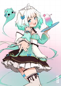  1girl absurdres ahoge apron arescr blue_eyes blush bow breasts densetsu.exe dress gradient_hair green_hair green_sleeves grid_background hair_bow highres looking_at_viewer maid maid_apron maid_headdress milkshake mint_fantome mole mole_on_ass multicolored_hair open_mouth plate pointy_ears short_hair simple_background small_breasts smile thigh_strap thighhighs triangular_headpiece virtual_youtuber white_thighhighs 