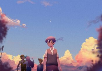  1girl 3boys aubrey_(omori) basketball_uniform black_hair brown_hair cloud crescent_moon golden_hour hero_(omori) highres long_hair moon multiple_boys omori omori_(omori) pink_hair sky sportswear sunny_(omori) totemo_sindo  rating:General score:1 user:danbooru