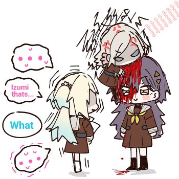 ... 3girls anger_vein angry aqua_neckerchief biting bleeding blonde_hair blood blue_hair blush_stickers brown_dress c: ceras_yanagida_lilienfeld closed_mouth col_person deformed dress english_text flower furious gradient_hair hair_flower hair_ornament hasu_no_sora_school_uniform head_biting highres jellyfish_cut katsuragi_izumi link!_like!_love_live! long_hair long_sleeves love_live! major_injury_underreaction medium_dress multicolored_hair multiple_girls neckerchief orange_eyes osawa_rurino parted_bangs pleated_dress sailor_collar sailor_dress school_uniform sharp_teeth simple_background smile spoken_ellipsis teeth triangle_hair_ornament twintails v-shaped_eyes virtual_youtuber white_background white_sailor_collar winter_uniform yellow_neckerchief
