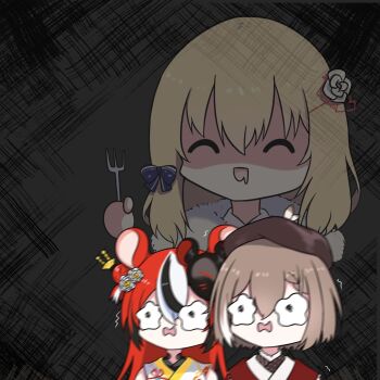  3girls :d ^_^ akai_haato animal_ears beret black_hair brown_hair brown_hat chibi closed_eyes commentary drooling flower fong_(fongthe0125) fork hair_between_eyes hair_bun hair_flower hair_ornament hakos_baelz hakos_baelz_(new_year) hand_up hashtag-only_commentary hat highres holding holding_fork hololive hololive_english japanese_clothes kimono long_hair mask mask_on_head mouse_ears mouth_drool mouth_mask multicolored_hair multiple_girls nanashi_mumei nanashi_mumei_(new_year) open_mouth red_hair rose single_side_bun smile streaked_hair symbol-only_commentary trembling virtual_youtuber wavy_eyes wavy_mouth white_flower white_hair white_kimono white_rose 