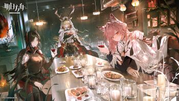 3girls alcohol animal_ears antlers apartment arknights arm_rest belt black_belt black_dress black_hair black_horns blonde_hair bloom braid breasts candle cape cherry cityscape clothing_cutout commentary copyright_name cross-shaped_pupils crossed_arms cup deer_antlers deer_ears deer_girl demon_horns dessert dot_nose dress drinking_glass ears_through_hood elbow_gloves english_commentary fingerless_gloves fireplace food food_request fork fruit gauntlets gloves hair_between_eyes hair_intakes hair_over_shoulder highres holding holding_cup hood hood_up hooded_cape horns horns_through_headwear horns_through_hood indoors ines_(arknights) inoriac lamp large_breasts leaning_forward light_particles long_hair long_sleeves looking_at_viewer multicolored_horns multiple_girls night official_art painting_(object) pink_eyes pink_hair plate popped_collar pozyomka_(arknights) pozyomka_(snowy_plains_in_words)_(arknights) purple_eyes red_cape red_horns scenery short_dress shoulder_cutout side_braid sitting smile symbol-shaped_pupils table tail tassel turtleneck two-sided_cape two-sided_fabric two-tone_horns typewriter vase viviana_(arknights) waffle white_cape wine wine_glass wolf_ears wolf_girl wolf_tail yellow_eyes zipper_pull_tab