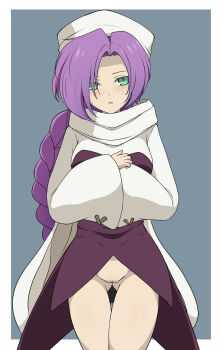  1girl blush bodice bottomless clam_curry commentary_request cowboy_shot gluteal_fold green_eyes hair_over_one_eye hands_on_own_chest hat highres long_hair long_sleeves looking_at_viewer parted_bangs parted_lips partial_commentary purple_hair pussy riviera scarf simple_background solo uncensored wide_sleeves witch_(riviera) 