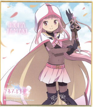  1girl absurdres belt black_boots black_gloves blunt_bangs bodystocking boots bow_(weapon) braid cape character_name cloak crossbow gem gloves hair_through_hood highres hood hood_up hooded_cloak long_hair magia_record:_mahou_shoujo_madoka_magica_gaiden magical_girl mahou_shoujo_madoka_magica non-web_source official_art pink_belt pink_eyes pink_gemstone pink_hair pink_skirt scan self-scan shirt sidelocks skirt sky smile solo tamaki_iroha weapon white_cloak white_hood 