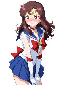 1girl :t absurdres back_bow bishoujo_senshi_sailor_moon blue_sailor_collar blue_skirt blush bow bowtie breasts brown_eyes brown_hair choker circle cleavage collarbone cosplay cowboy_shot crescent crescent_choker crescent_earrings earrings elbow_gloves embarrassed floating_hair gem gloves gundam gundam_seed highres jewelry long_hair medium_breasts miniskirt mitsuishi_kotono murrue_ramius pleated_skirt red_bow red_bowtie red_choker red_gem sailor_collar sailor_moon sailor_moon_(cosplay) sailor_senshi_uniform simple_background skirt skirt_tug solo standing straight_hair tetsuado voice_actor_connection white_background white_gloves