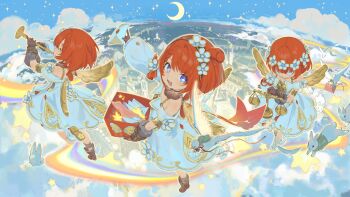 3girls absurdres asymmetrical_footwear balance_scale bird black_gloves blue_boots blue_dress boots braid brown_boots chinese_commentary commentary_request crescent_moon cross-shaped_pupils dress flower gloves golden_wings hair_flower hair_ornament highres holding holding_letter honkai:_star_rail honkai_(series) instrument letter mismatched_footwear moon multiple_girls music playing_instrument rabbit rainbow_road red_hair star_(sky) symbol-shaped_pupils trianne_(honkai:_star_rail) tribbie_(honkai:_star_rail) trinnon_(honkai:_star_rail) triplets trumpet weighing_scale white_bird winged_boots yuyin_rina