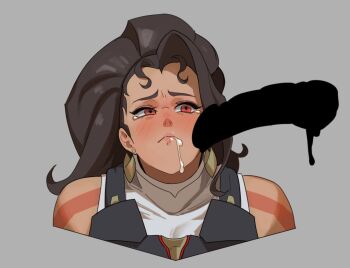 1girl bare_shoulders black_hair blush censored cheese cheese_trail closed_mouth commentary cropped_shoulders earrings food food_on_face grey_background hong_doo jewelry long_hair looking_to_the_side overwatch penis phallic_symbol red_eyes sexually_suggestive silhouette simple_background solo stud_earrings symbol-only_commentary tearing_up vendetta_(overwatch)