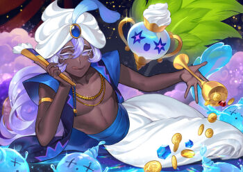  1boy :q androgynous arabian_clothes armlet bare_arms bare_shoulders belt black_background black_jacket blue_belt blue_gem blue_trim chalice cloud coin collarbone colored_eyelashes commentary cookie_run cookie_run:_ovenbreak cup dark-skinned_male dark_skin double-parted_bangs duster elbow_rest english_commentary feet_out_of_frame food-themed_hat gem gold_armlet gold_necklace hair_between_eyes hand_fan hand_on_own_cheek hand_on_own_face hands_up hat holding holding_cup holding_fan humanization jacket jewelry long_hair looking_at_viewer magic_lamp_(cookie_run) male_focus naked_jacket necklace no_sclera open_clothes open_jacket pants pectorals puffy_pants purple_eyes purple_hair raised_eyebrows reclining simple_background sitting sleeveless sleeveless_jacket solo sparkle star_(symbol) tongue tongue_out ultracat very_dark_skin white_eyelashes white_hat white_pants yogurt_cream_cookie yokozuwari 