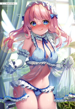  1girl :q absurdres armpit_crease artist_name babydoll blue_bow blue_bra blue_eyes blue_panties blue_ribbon blush bow bow_panties bra breasts cleavage collar collarbone cowboy_shot curtains dengeki_moeoh elbow_gloves floating_hair frilled_bra frilled_collar frilled_gloves frilled_panties frills gloves groin headdress heart highres indoors long_hair looking_at_viewer magazine_scan matatabi_maru medium_breasts navel neck_ribbon nose_blush original page_number panties pink_hair plant polka_dot polka_dot_bra polka_dot_panties ribbon scan see-through_babydoll see-through_clothes shiny_skin sidelocks smile solo sparkle standing stomach sunlight third-party_source tongue tongue_out underwear underwear_only white_gloves white_wings window wings 