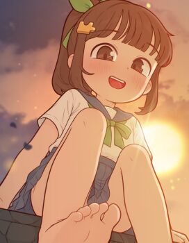  1girl barefoot brown_eyes brown_hair casytay feet highres jig-chan_(jiggie) loli original ponytail sitting skirt soles solo toes  rating:Sensitive score:9 user:CunnyInc