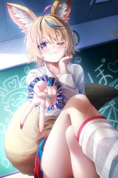  1girl absurdres animal_ear_fluff animal_ears black_hair blonde_hair blue_skirt blush brown_cardigan cardigan cardigan_around_waist chalkboard classroom closed_mouth clothes_around_waist collared_shirt commentary crossed_legs fox_ears fox_girl fox_tail hand_on_own_chin hand_up head_rest heart heart-shaped_pupils highres hololive indoors kay_yu long_sleeves looking_at_viewer loose_socks medium_hair miniskirt multicolored_hair official_alternate_costume official_alternate_hairstyle omaru_polka omaru_polka_(school_uniform) one_eye_closed outstretched_arm pink_hair purple_eyes red_skirt school_uniform shirt sitting skirt smile socks solo streaked_hair symbol-shaped_pupils tail v virtual_youtuber white_shirt white_socks 