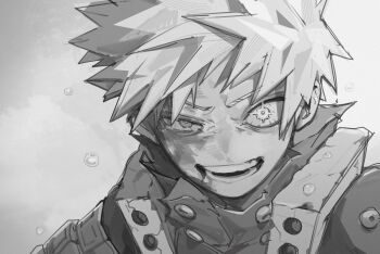  1boy bakugou_katsuki blood blood_on_face bloodshot_eyes boku_no_hero_academia collared_shirt commentary greyscale highres injury looking_at_viewer male_focus monochrome open_mouth shirt short_hair sketch smile snowflooks solo spiked_hair symbol-only_commentary teeth torn_clothes uneven_eyes wide-eyed 