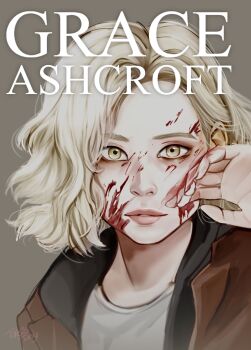  1girl blonde_hair blood blood_on_face blood_on_hands commentary english_commentary english_text grace_ashcroft green_eyes highres lips looking_at_viewer nose parted_bangs parted_lips realistic resident_evil resident_evil_requiem shirt short_hair simple_background solo thick_lips topsieturvy upper_body white_shirt wiping_blood 