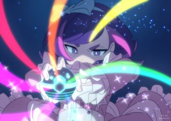  1girl absurdres commentary_request dot_(pokemon) dress frilled_dress frills hair_ornament highres holding holding_tera_orb light_trail long_hair long_sleeves looking_at_viewer multicolored_hair nintendo pink_dress plus_ta pokemon pokemon_(anime) pokemon_horizons puffy_sleeves purple_eyes purple_hair shirt solo swirling tera_orb terastallization two-tone_hair zooming_in 