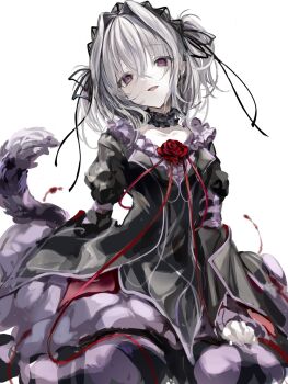  1girl bell_sleeves black_choker black_hairband black_jacket black_ribbon cat_tail choker collarbone corsage crossed_bangs dress feet_out_of_frame flower frilled_choker frilled_hairband frills gothic_lolita grey_hair hair_between_eyes hair_intakes hair_ribbon hairband hapymaher head_tilt highres jacket juliet_sleeves lapels light_smile lolita_fashion lolita_hairband long_sleeves naitou_maia pantyhose parted_lips puffy_sleeves purple_dress purple_pantyhose purple_tail red_eyes red_flower ribbon short_twintails simple_background sitting solo striped_clothes striped_pantyhose striped_sleeves tail tail_raised toqha3247 twintails wariza white_background wide_sleeves 